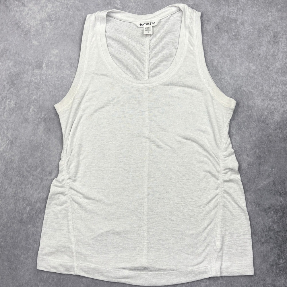 Athleta Womens Small White Ruched Side Slub Jersey Scoop Neck Yoga Tank Top SP